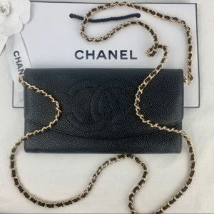 CHANEL Vintage Black Caviar Timeless CC Leather Clutch & Chain